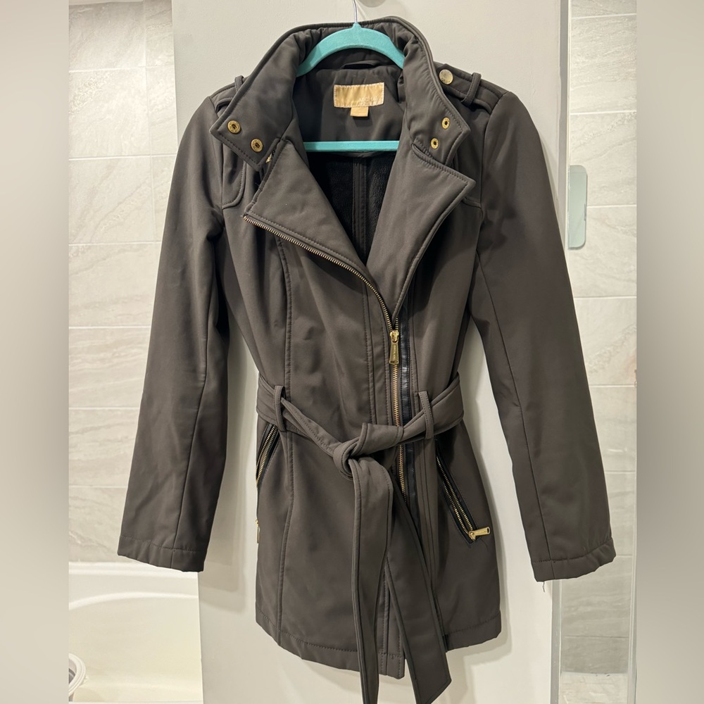Michael Kors Dark Olive Water Resistant Asymmetrical Belted Light Winter Coat